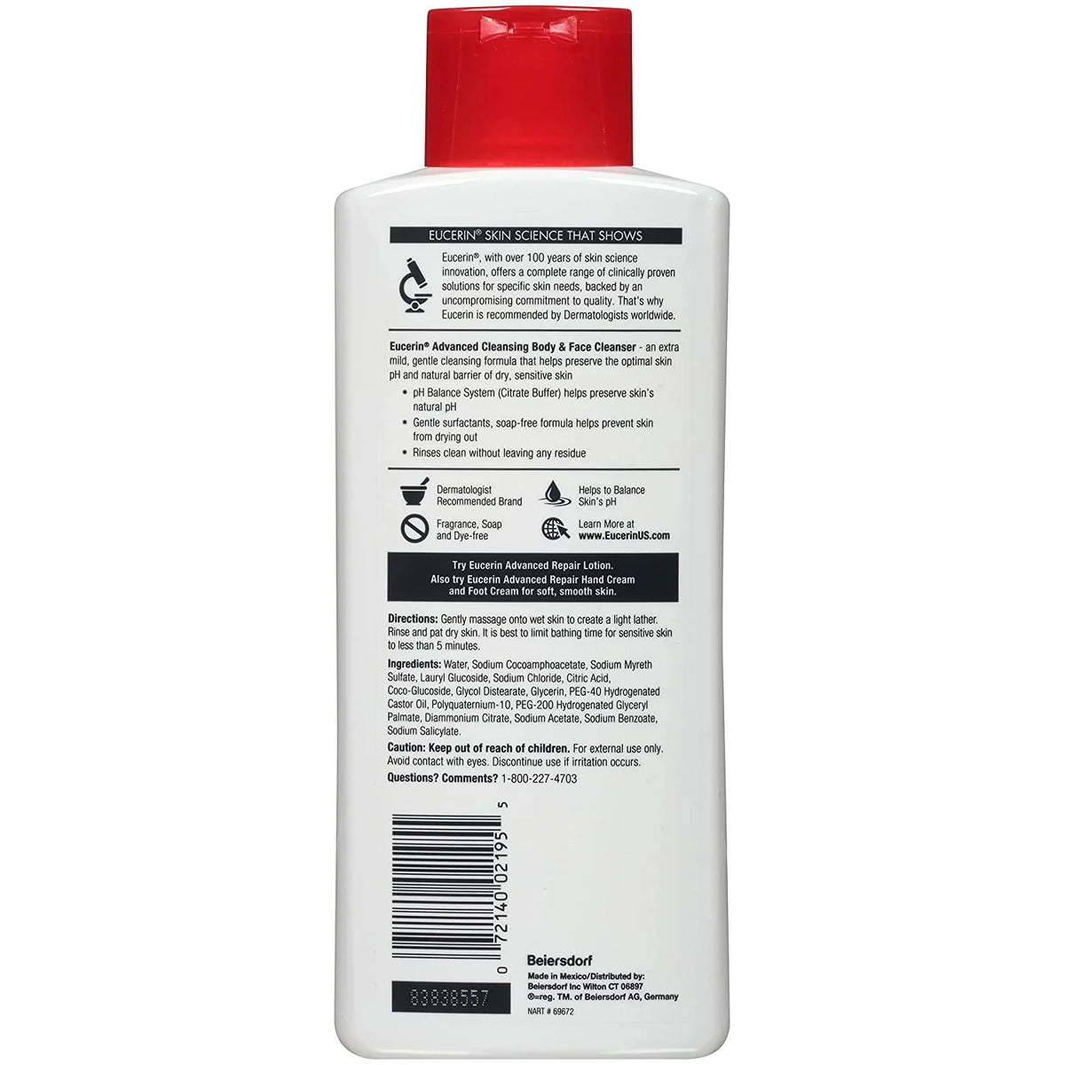 Eucerin Advanced Cleansing Body & Face Cleanser - Fragrance & Soap Free for Dry, Sensitive Skin - 16.9 fl. oz Bottle (Pack of 2)