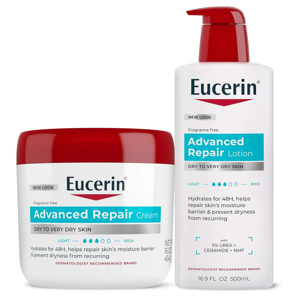 Eucerin Advanced Repair Body Lotion, Unscented Body Lotion for Dry Skin, 16.9 Fl Oz Pump Bottle & Advanced Repair Body Cream, Fragrance Free Body Cream for Dry Skin, 16 Oz Jar